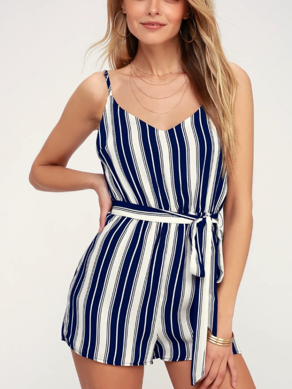 Carraway Navy Blue and White Striped Romper Size L